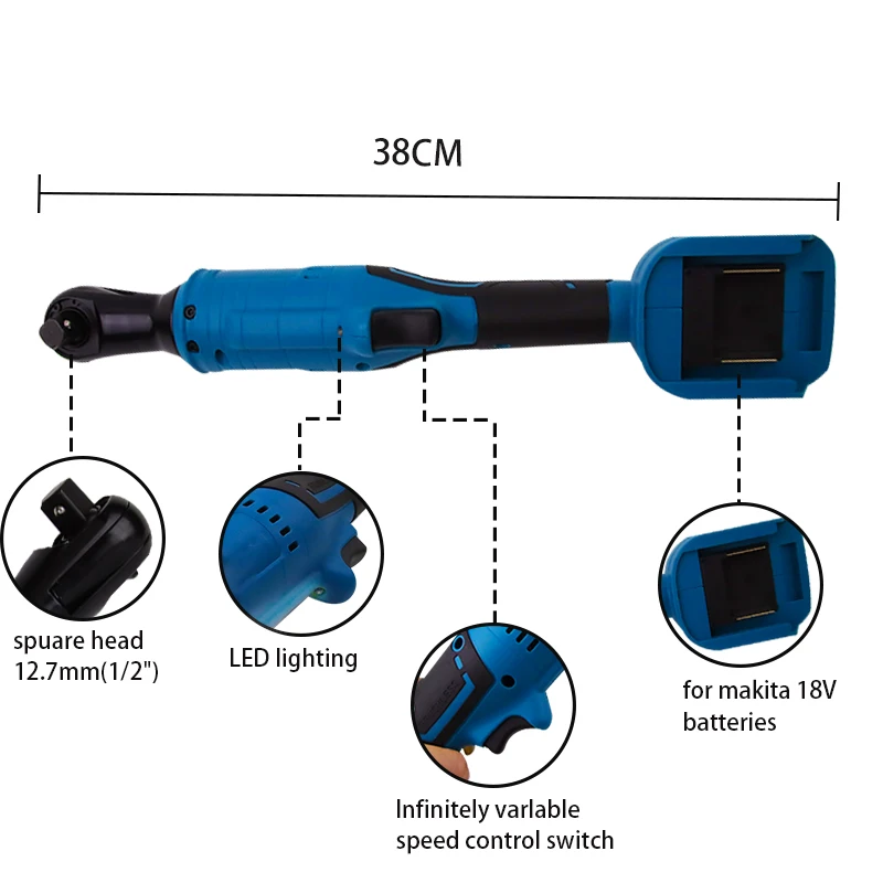 130nm Electric Ratchet Wrench 1/2\'\' Right Angle Ratchet for Makita 18V Battery Hand Tools Wrench Blue 800r/min