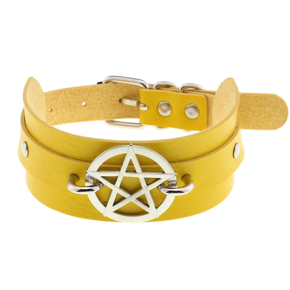 Punk Gothic Personality Exaggeration Sexy Double layer Leather Stainless steel Five-pointed star Rivets Multicolored Necklace