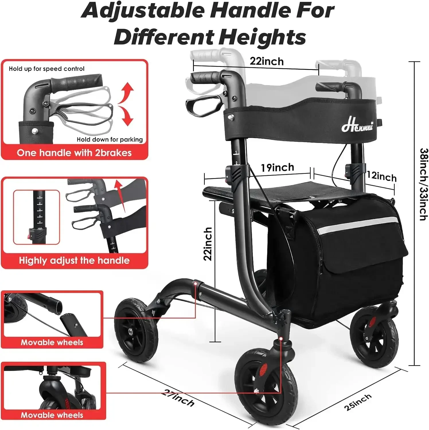 Henmnii Rollator Walker per anziani, leggero e pieghevole per tutti i terreni con sedile, camminatori in alluminio con sfregamento da 8 pollici