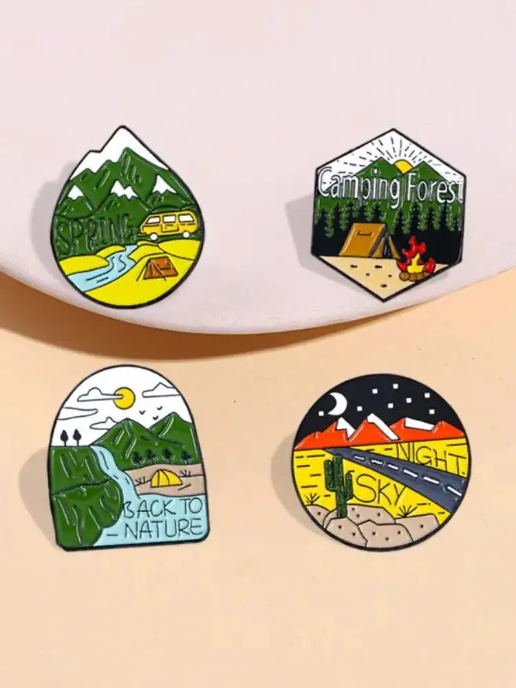 Pretty Camping Forest Series Pins Set, Spring, Sky, Night, Back to Nature, Esmalte Broches, Itens baratos com frete grátis, 4Pcs
