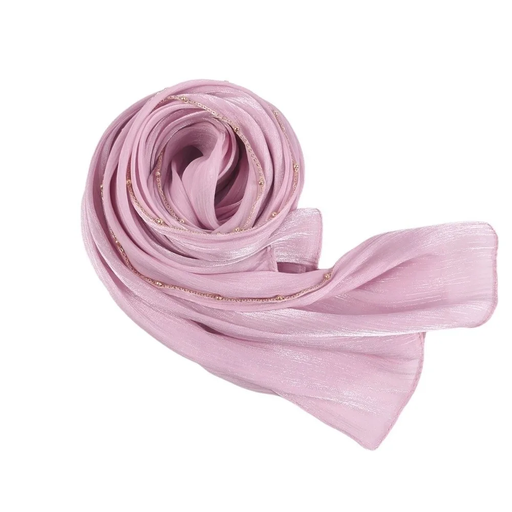 

Luxury Solid Color Ethnic Style Scarf Long Shiny Islamic Turban Beads Chain Thin Wraps Shawl Women