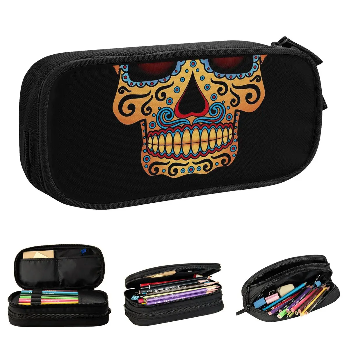 Imagem -01 - Tribal Mexican Sugar Skull Pencil Case Classic Pen Box Lápis Bags Grande Armazenamento Material Escolar Day of Dead tribal mexican sugar skull pencil case classic pen box lapis bags grande armazenamento material escolar day of dead 01
