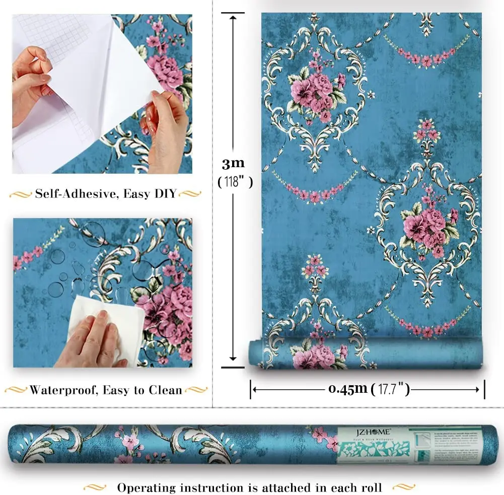 Damask Peel and Stick Wallpaper Retro Floral Self Adhesive Wallpaper Vinyl Removable Contact Paper for Living Room Cabinet DIY