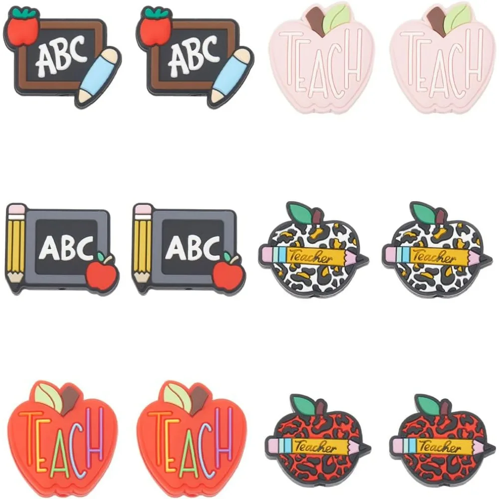 1 Box 12Pcs 6 Styles Teacher Silicone Beads Bulk School Silicone Focal Bead Apple Blackboard Character Rubber Loose making kit