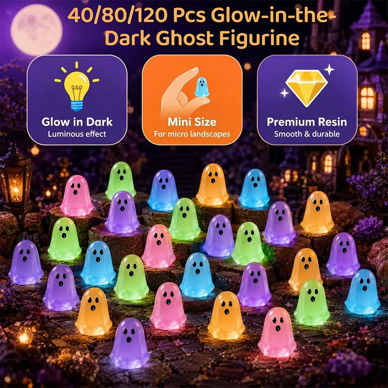 100/120 Pcs Glow-in-the-dark Ghost Figurine Colorful Luminous Resin Halloween Miniatures Mini Ghosts For Halloween Decoration