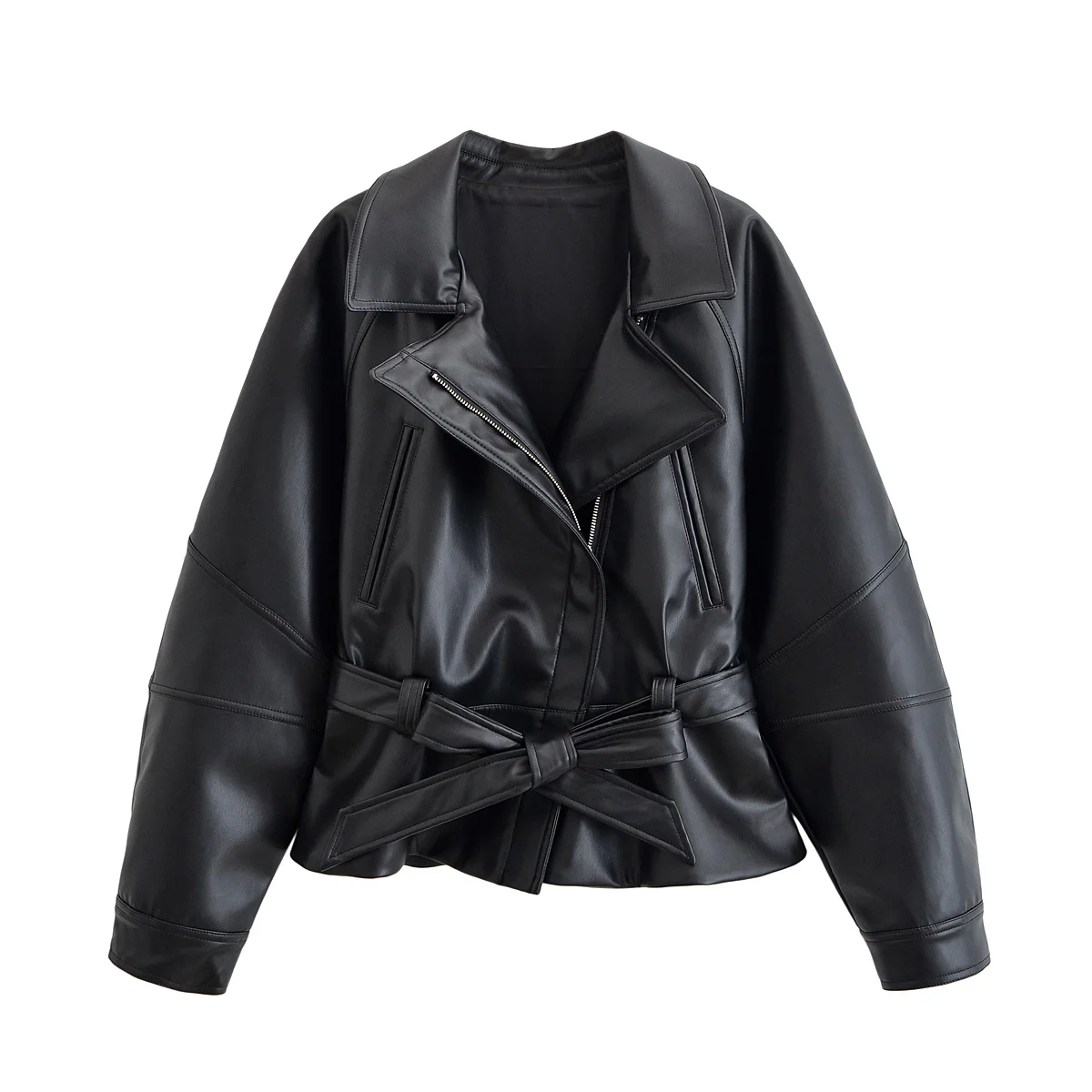 

Women's new with Belt black casual faux leather windbreaker style jacket Coat retro long sleeved zipper women's Coat chic top