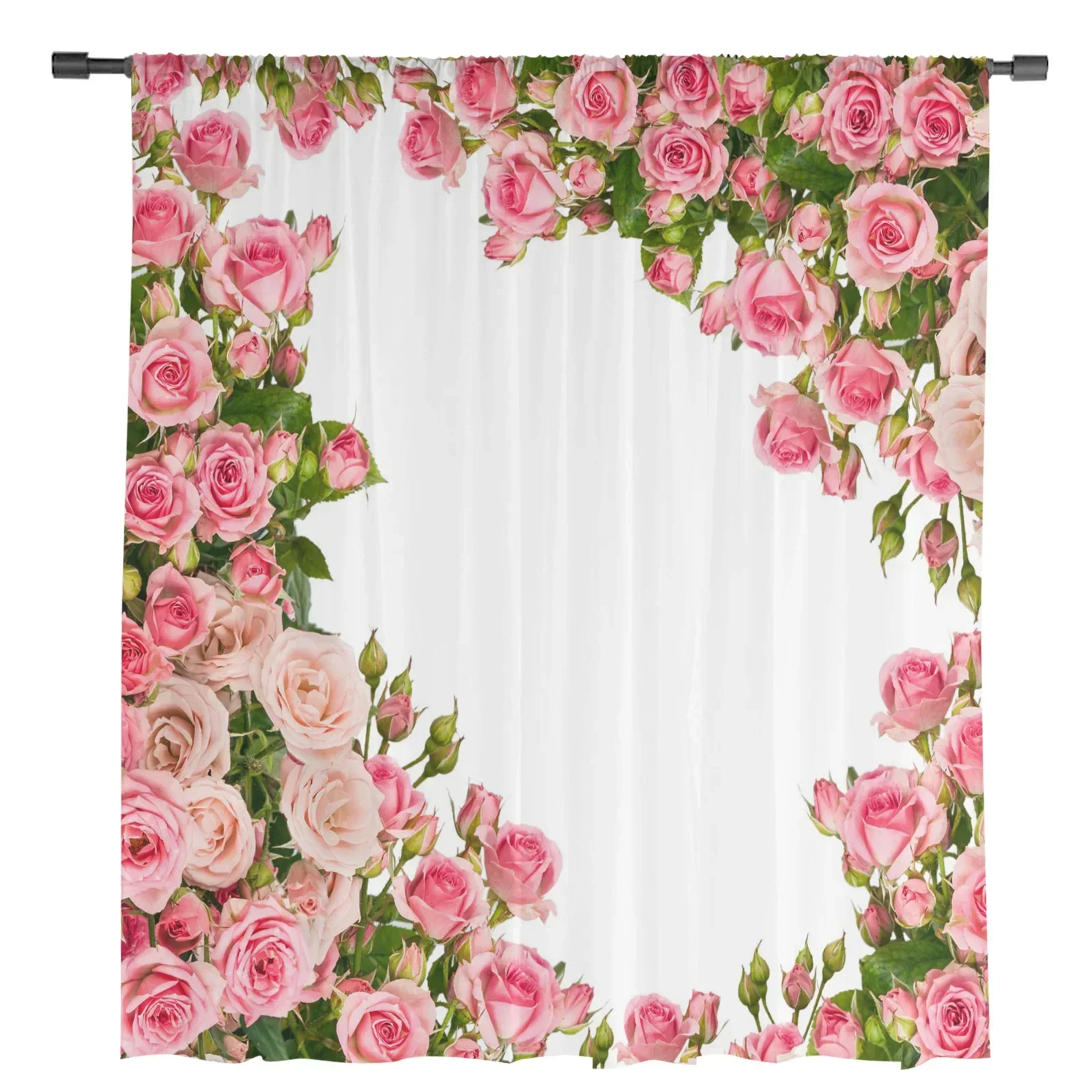 Pink Rose Flower Bouquet White Chiffon Sheer Curtains for Living Room Bedroom Home Decoration Window Voiles Tulle Drapes Curtain