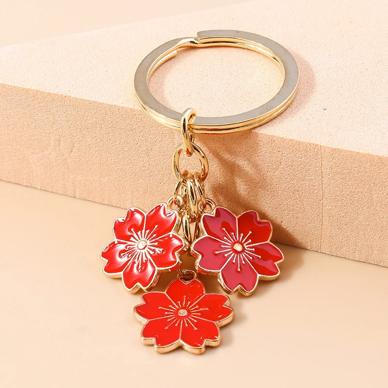 INS Sakura Keychain Sweet Metal Enamel Three Flower Keyring For Women Girls Plant Pendant Wallet Backpack Accessories Jewelry