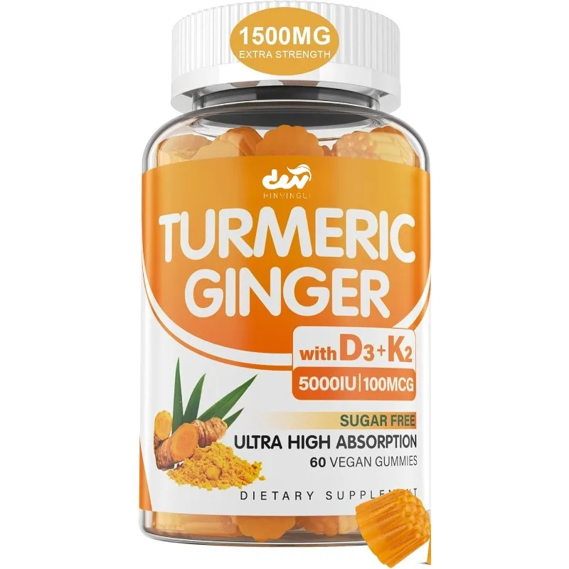 El gomitas de cúrcuma y jengibre sin azúcar contiene vitaminas D3 y K2, C, pimienta negra y apoyan la salud inmune y digestiva.