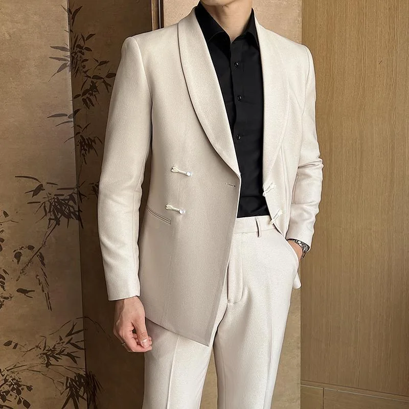 

New Chinese Style Wedding Suit Two-Piece Set Buttoned Formal Men's Clothing Fashionable Urban Business Casual Long Sleeve