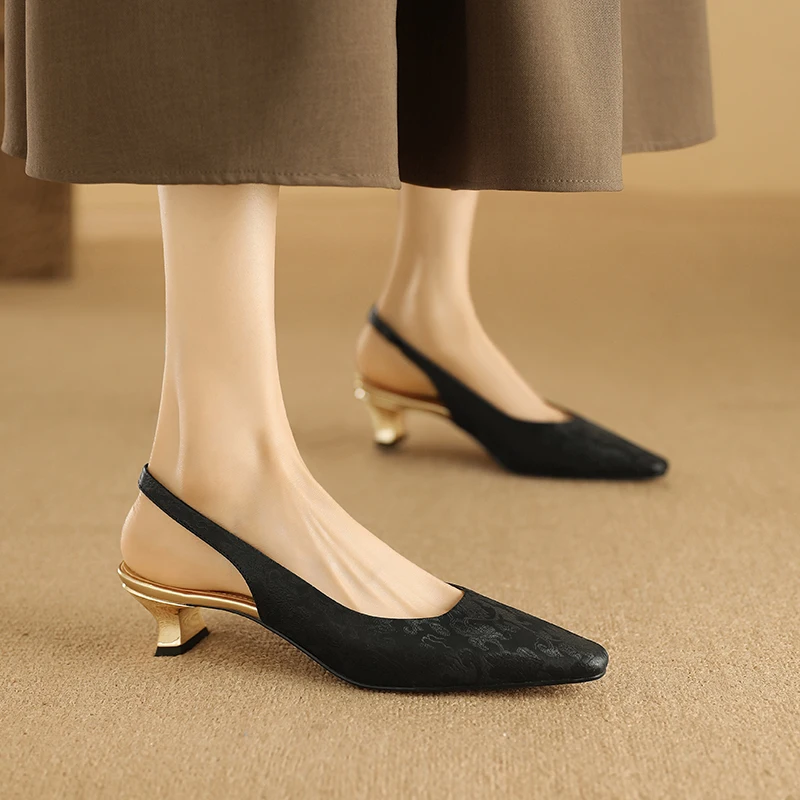 2026 new summer women sandals natural leather 22-25cm cowhide+ sheepskin+pigskin pointed toe back-strap high heel women shoes