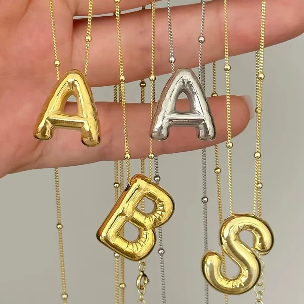 Stainless Steel Chunky Alphabet Balloon Bubble Initial Letter Pendant Necklace for Women Men Gold Plated Necklaces Charm Jewelry