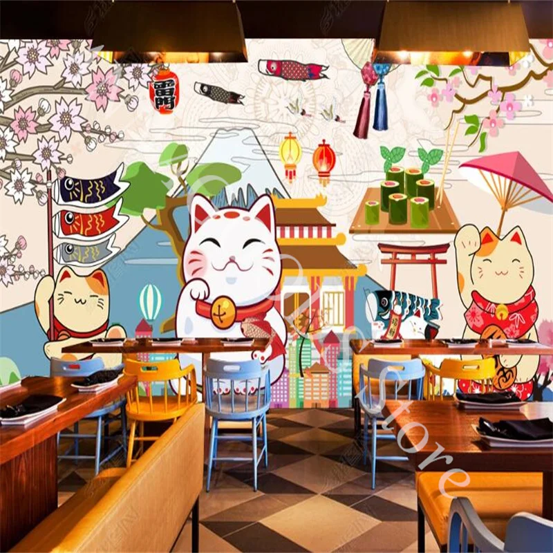 Custom Cute Zhaocaimao 3d Mural Wallpaper for Japanese Style Sushi Restaurant Background Self Adhesive Commercial Wall Paper