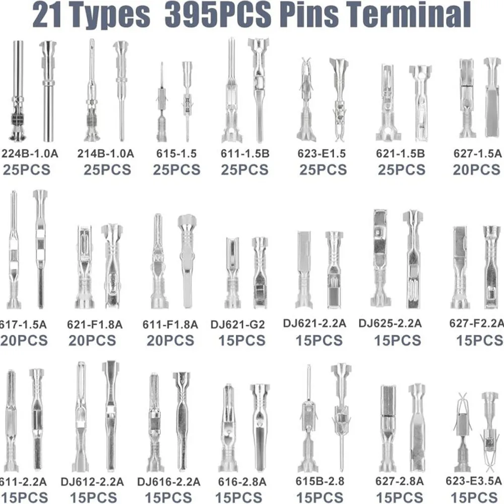 395PCS Connector Pins Terminal Kit 1/1.5/1.8/2.2/2.8/3.5mm Non-Insulated Plug Removal Male Female Crimp Pins Wire Pins Terminal