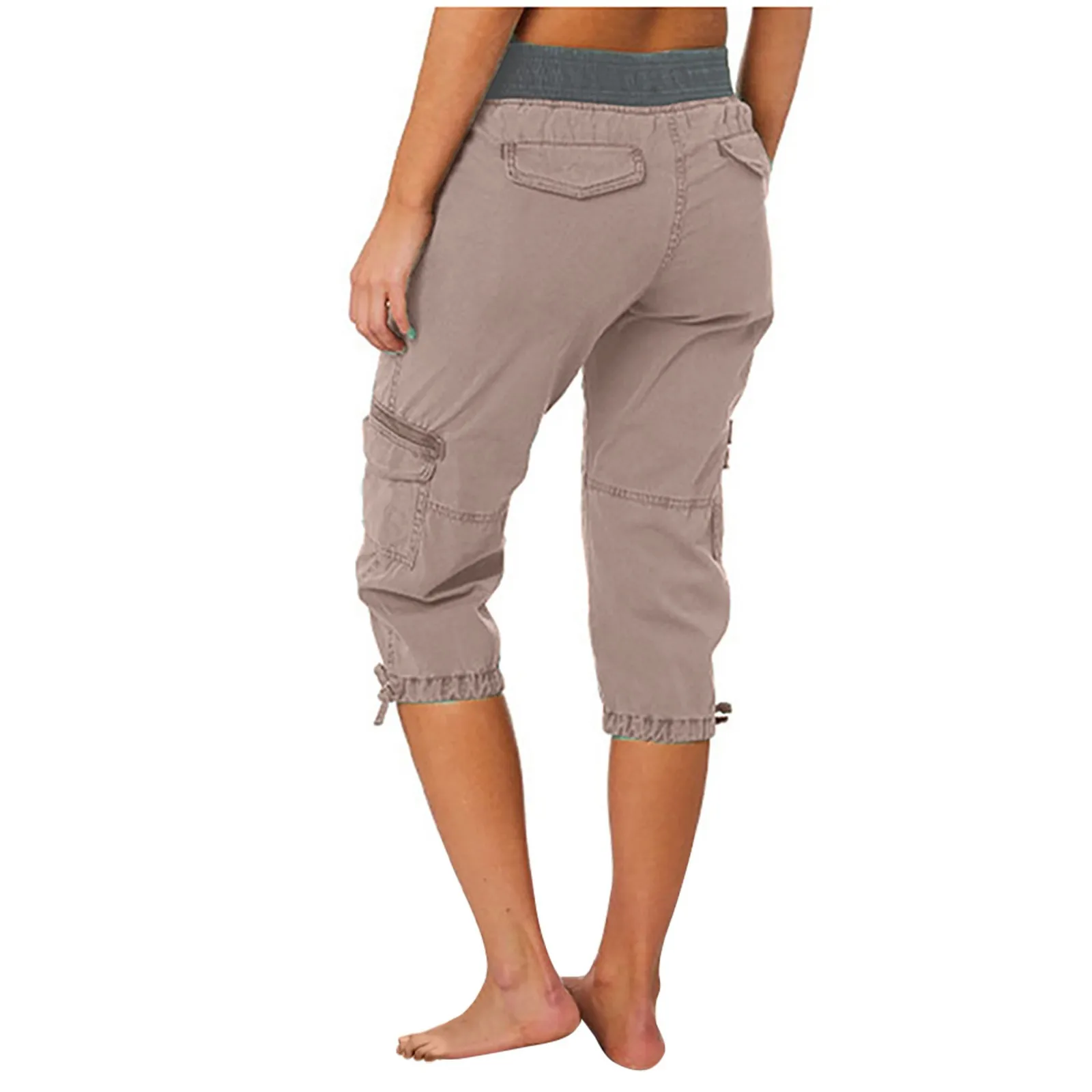 2026 Women's Summer Casual High Waist Drawstring Pocket Workwear Pants Solid Loose Wide Leg Extendable Cuffs 7-inch Pants Female