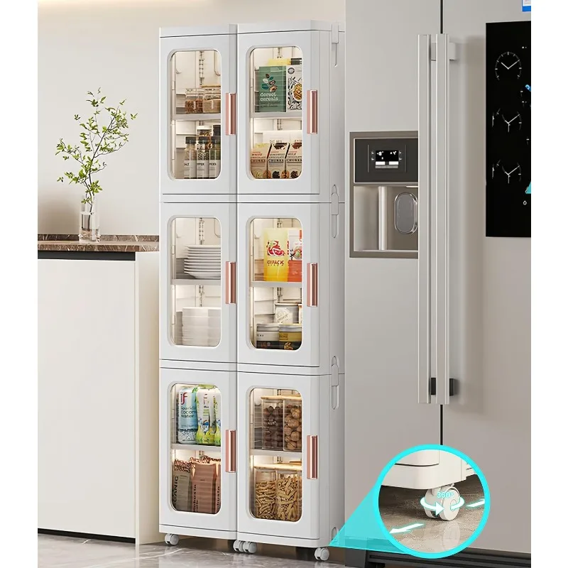 

Slim Kitchen Pantry Storage Cabinet with Doors and Shelves, 3-Tiers Plastic Narrow Storage Organizer Collapsible for Small