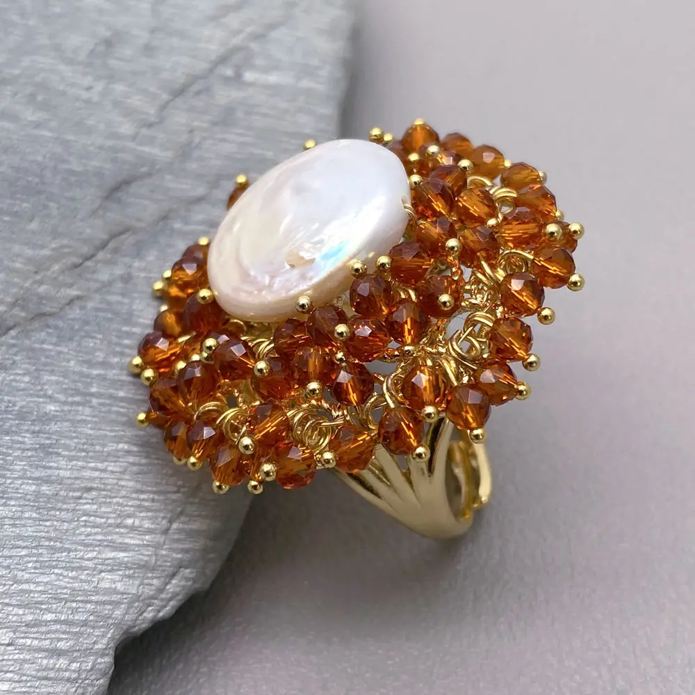 White Coin Pearl Brown Crystal Gold Plated Adjustable Ring - Image 5