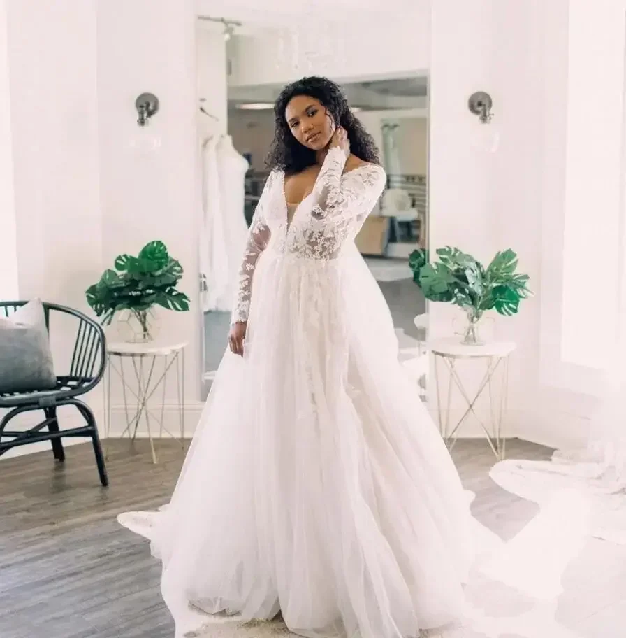 Personalizado sexy ver através de vestidos de casamento de renda trem varredura tule vestidos de noiva robe de mariee vestido de noiva