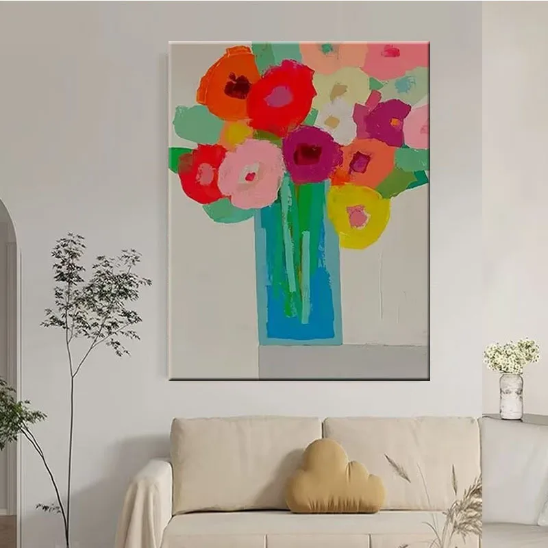 Lukisan minyak yang dilukis dengan tangan, lukisan dekoratif ruang makan bunga berwarna-warni, dinding latar belakang ruang tamu abstrak