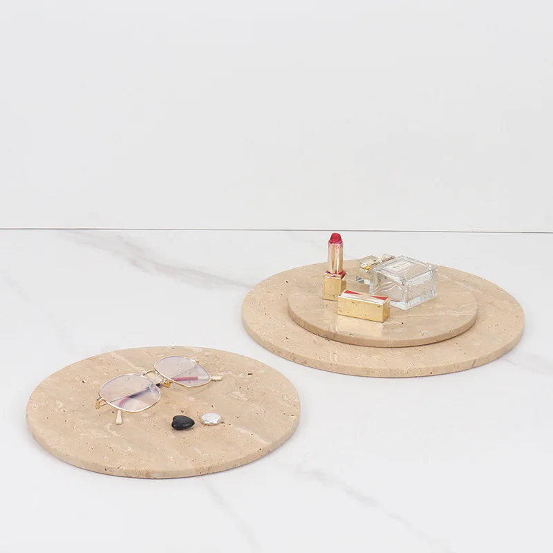 Natural Travertine Marble Round Storage Tray, Tabletop Decor Tray, Jewelry Organizer for Bathroom, Dessert Display for Home