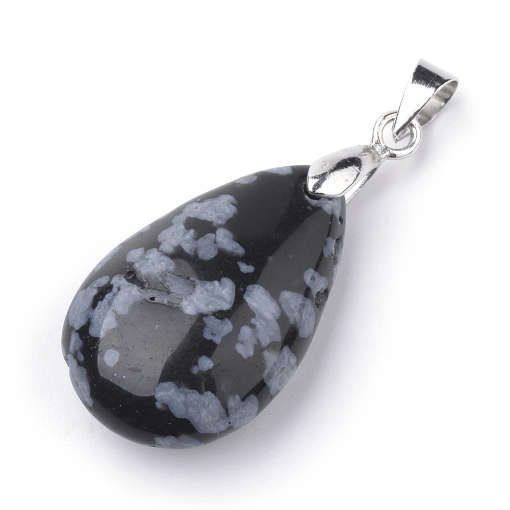 Snowflake Obsidian Pendants with Alloy Findings Teardrop Platinum 23~24x14~15x8~9mm Hole: 4x5mm