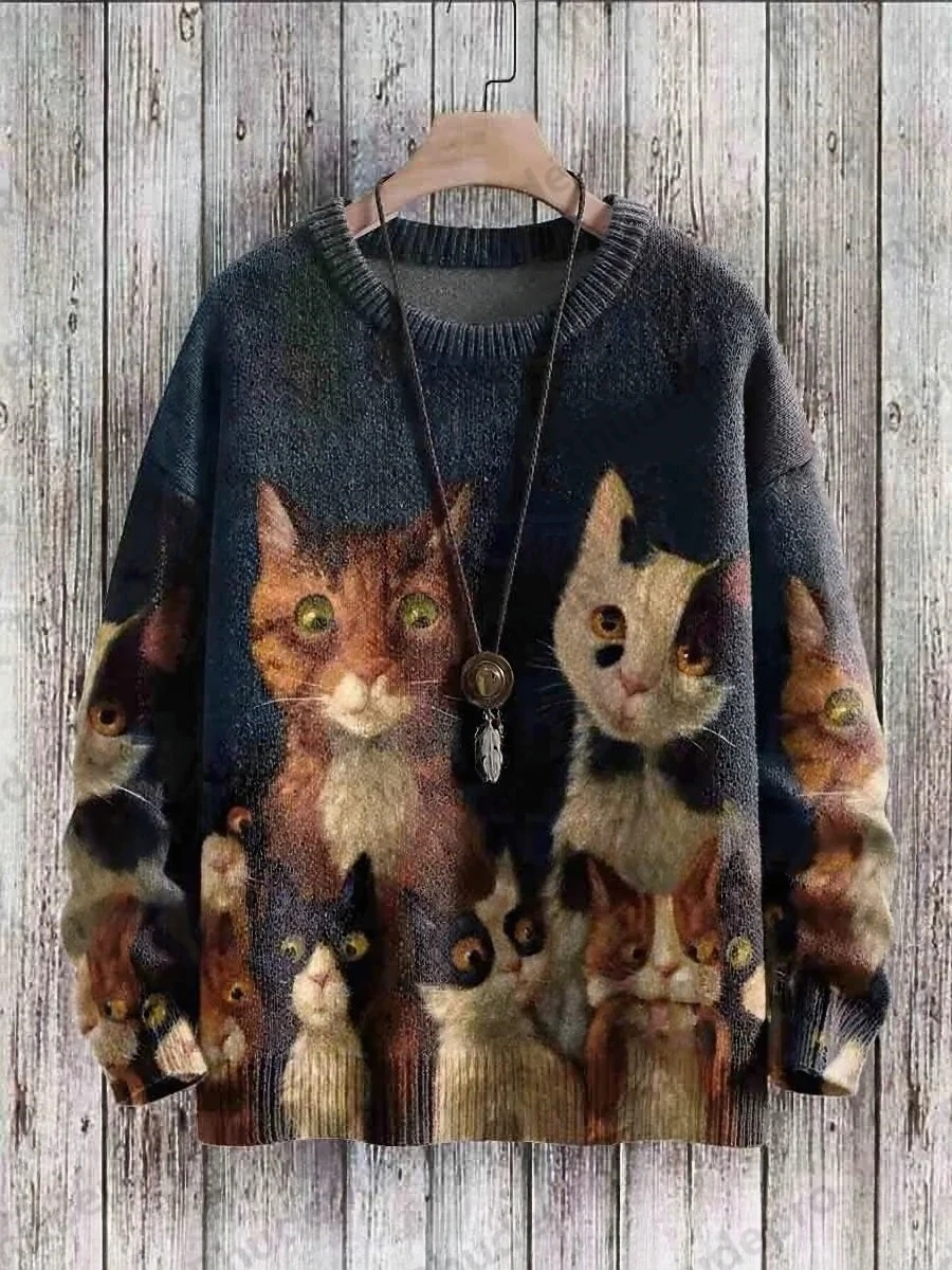 Cute Black Cat Play The Piano Art Pattern Print Casual Knit Pullover Sweater Roupas Masculinas Ropa De Hombre