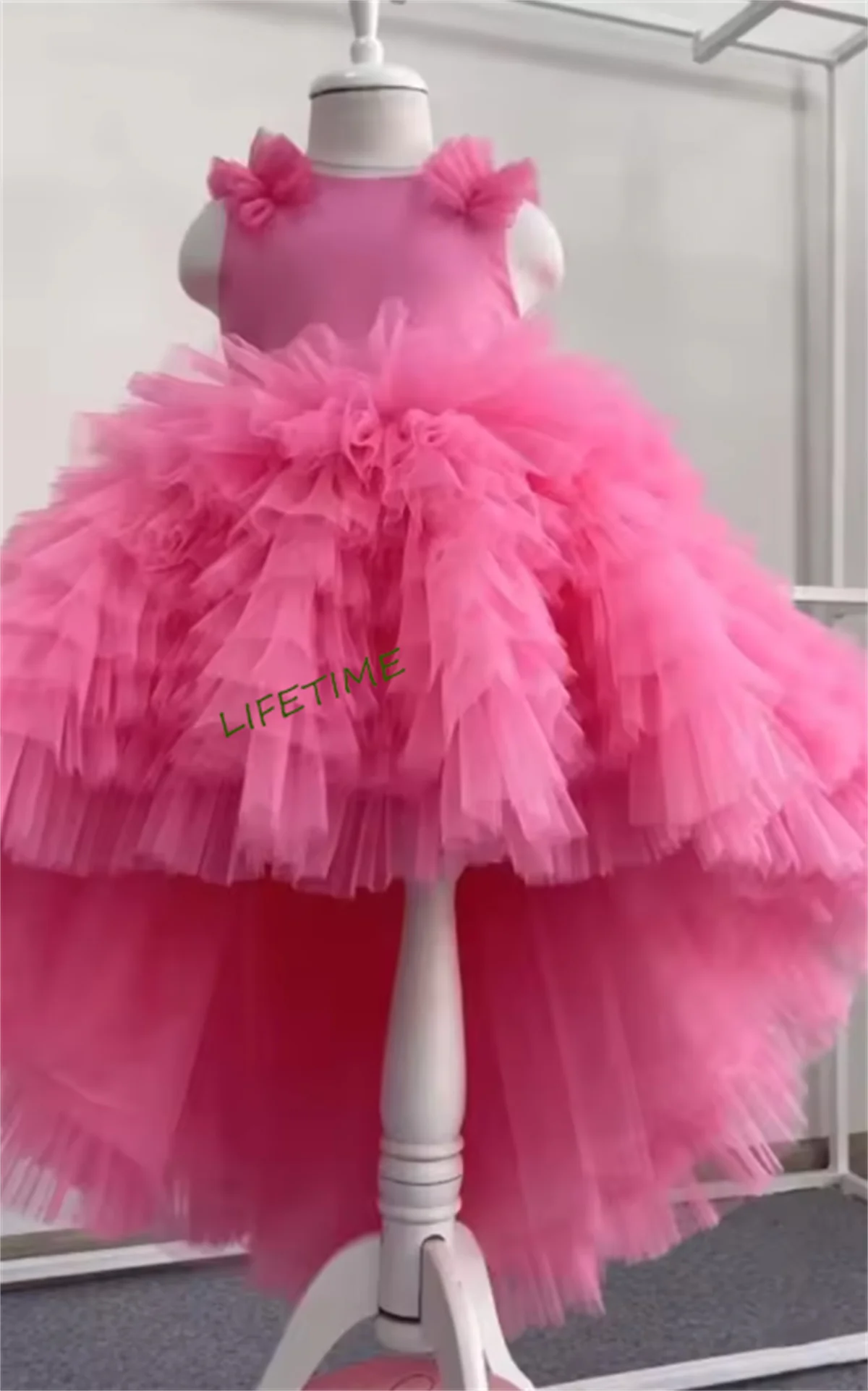 

CustomizedRose Pink Tulle Puffy Flower Girl Dresses with Long Train Princess Girl Party Dress Kids Birthday Dresses