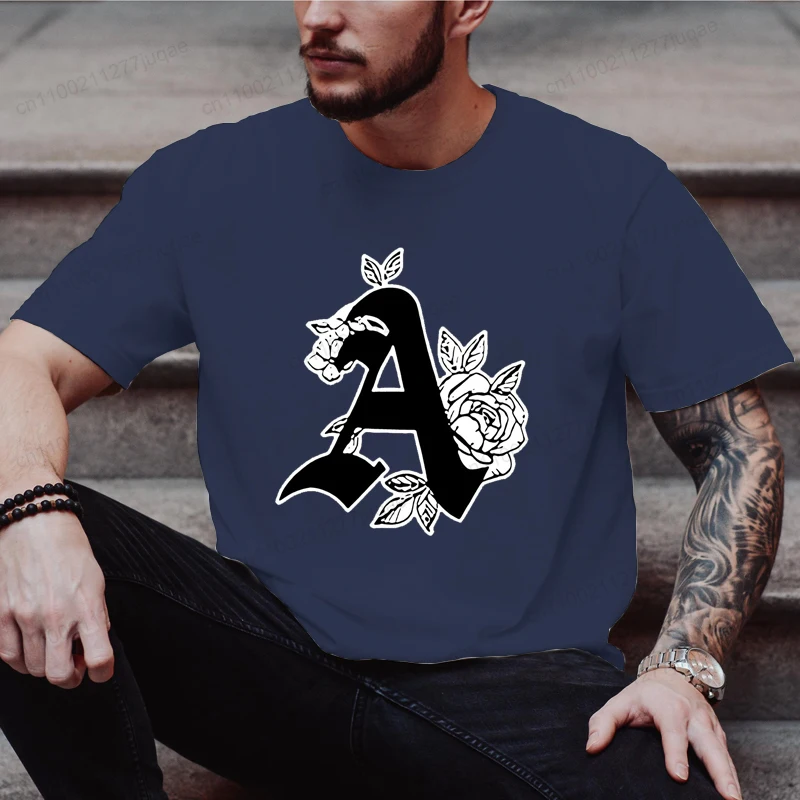 Funny Monogram Letter A Tee Men Graphic Short Sleeve T-Shirt Casual Tops Hip Hop Streetwear Oversized Shirts Fashion Daily Tees
