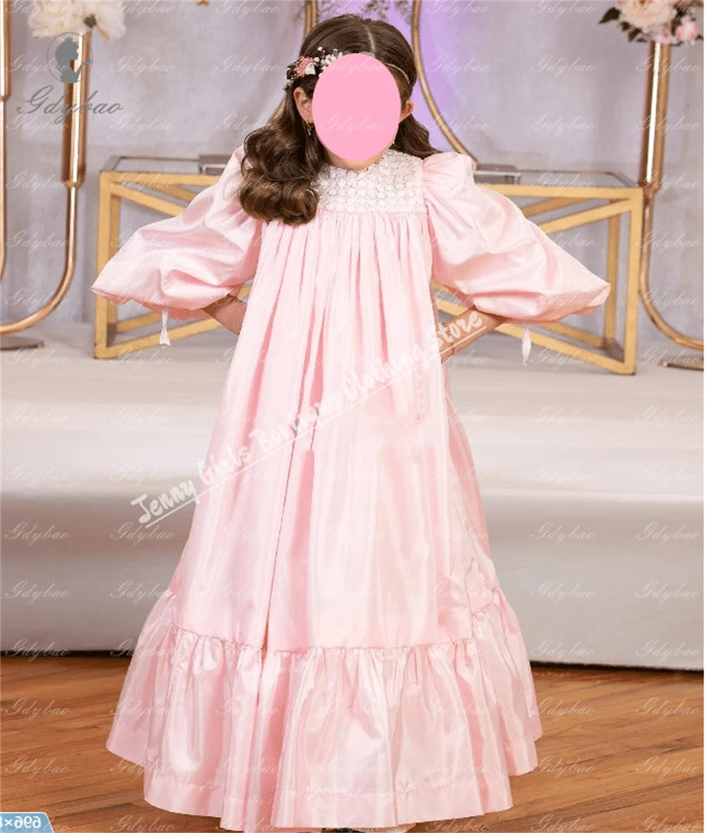 Elegance Pink Satin Flower Girl Dress High Waist for Wedding Balloon Sleeves Birthday First Communion Prom Gown