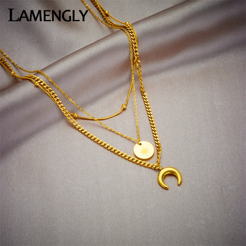 LAMENGLY 316L Stainless Steel Gold Color Bent Moon Pendant  Necklaces for Women New Trend Multilayer 3in1 Chains Jewelry Gifts