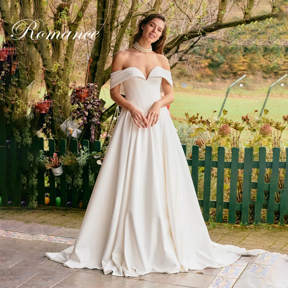

Modern Pleat Off The Shoulder A-Line V-Neck Wedding Dresses Women 2025 Backless Sweep Train Buttons Vestidos De Novia Customized