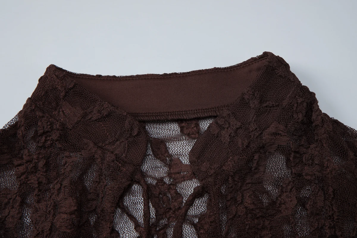 Hugcitar Spitze, schwarzes, langärmeliges, durchsichtiges, sexy Crop-T-Shirt, Herbstmode für Damen, Party- und Nachtclub-Tops – Detail 5