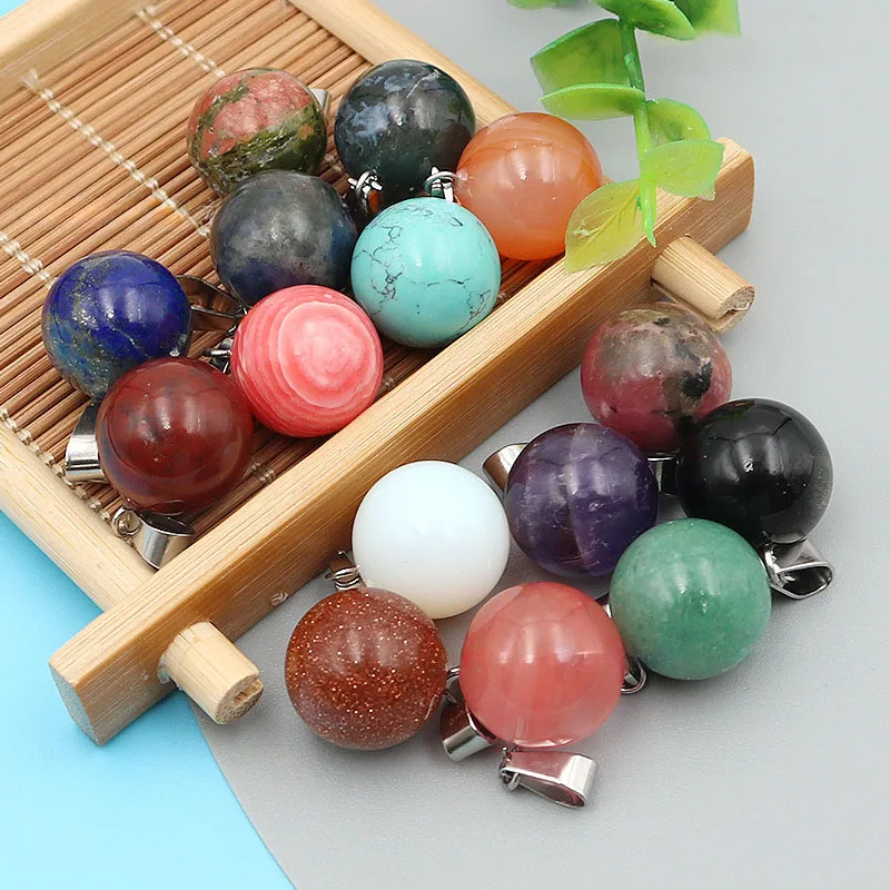 20pcs/ Bag 14mm  Natural Stone round Pendant Charm Quartz Crystal Ball Pendant for DIY Necklaces Jewelry Making
