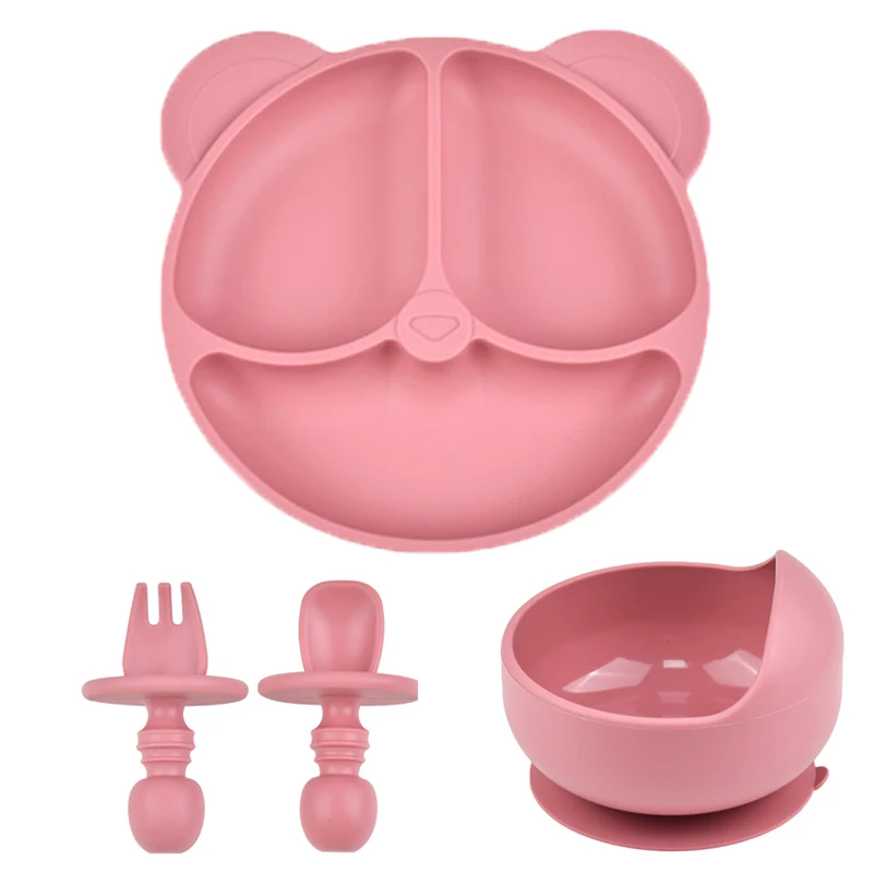 4pcs BPA Free Silicone Baby Feeding Set Sucker Bowl Dinning Plate Spoon Forks for Kids Baby Tableware Children Dishes