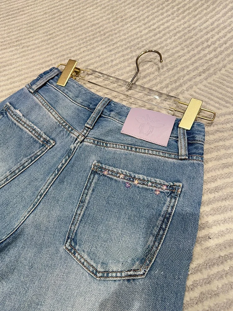 

Джинсы женские с высокой талией, прямые, широкие, с вышивкой звездами, весенние, из хлопка, с микроэластаном