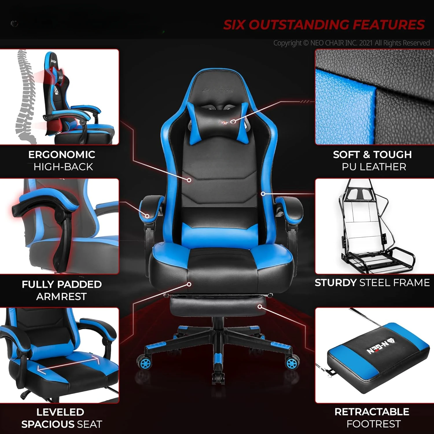 Gaming Chair with Footrest Levelled Seat PU Leather Adjustable Ergonomic Lumbar Support High Back Office Swivel  Headrest