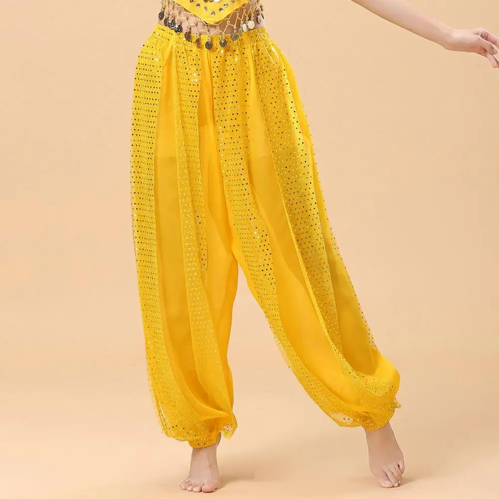 

Women Performance Pants Elastic High Waist Solid Color Bloomers Sequined Decor Folk Dance Adult Belly Dance Costume Props Pants