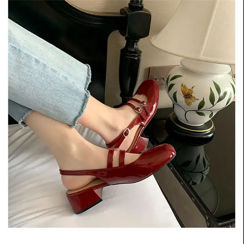 Women Sandals Summer Shoes Woman low heels Double Buckle Mary Janes Shoes Patent Leather Dress Shoes Back Strap Zapatos Mujer