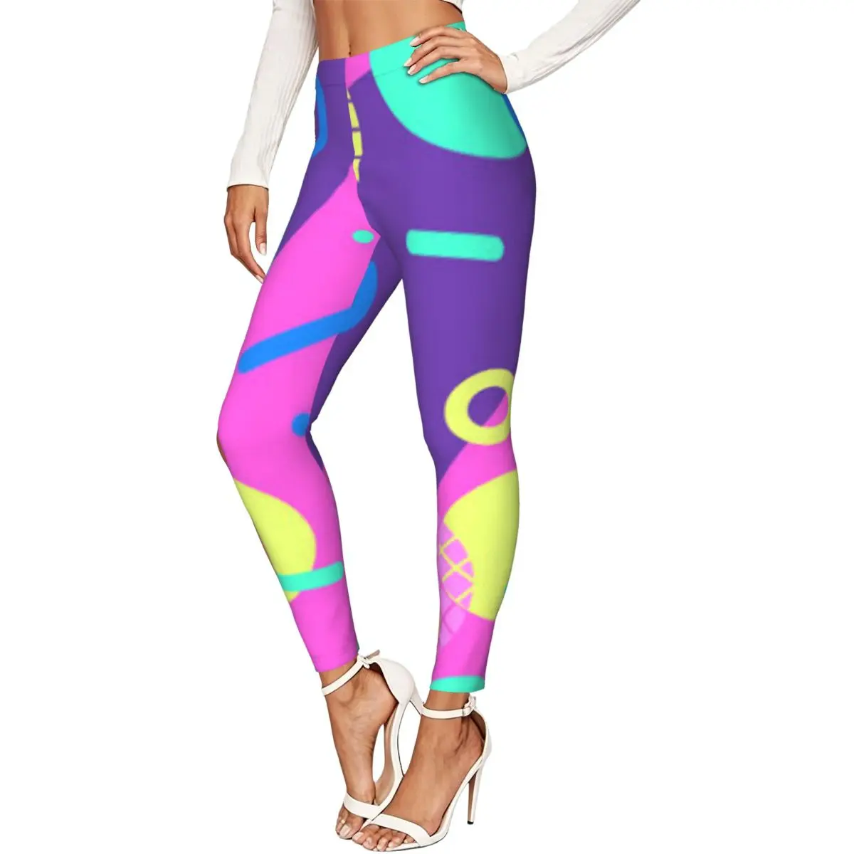 80s Geometric Memphis Retro Women Leggings High Waisted Stretch Tights Workout Running Pants