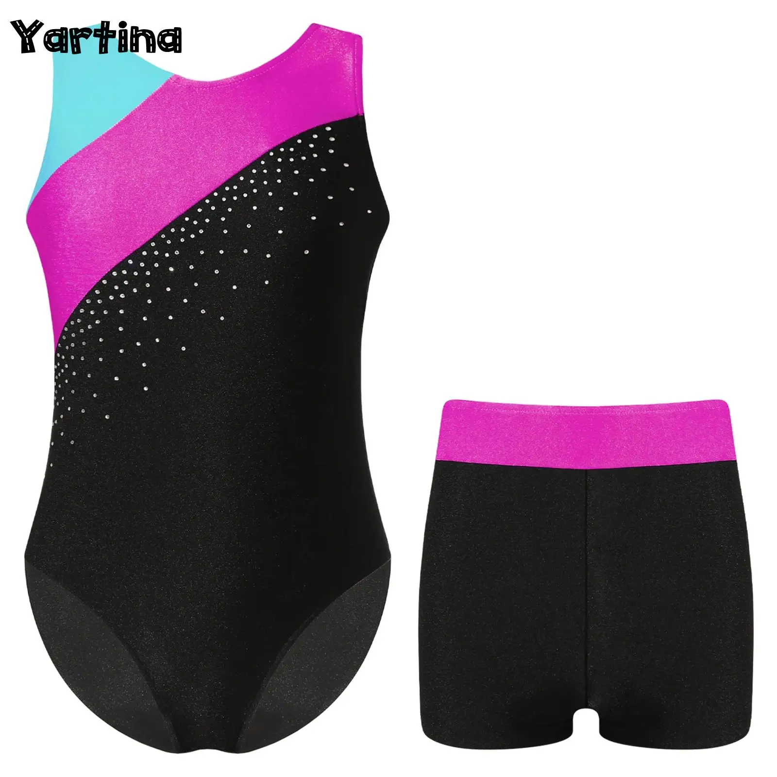 

Kids Girls Shiny Rhinestone Gymnatics Leotards Ballet Dance Leotards Bodysuit with Shorts Set Ballet Jersey Unitard Dancewear