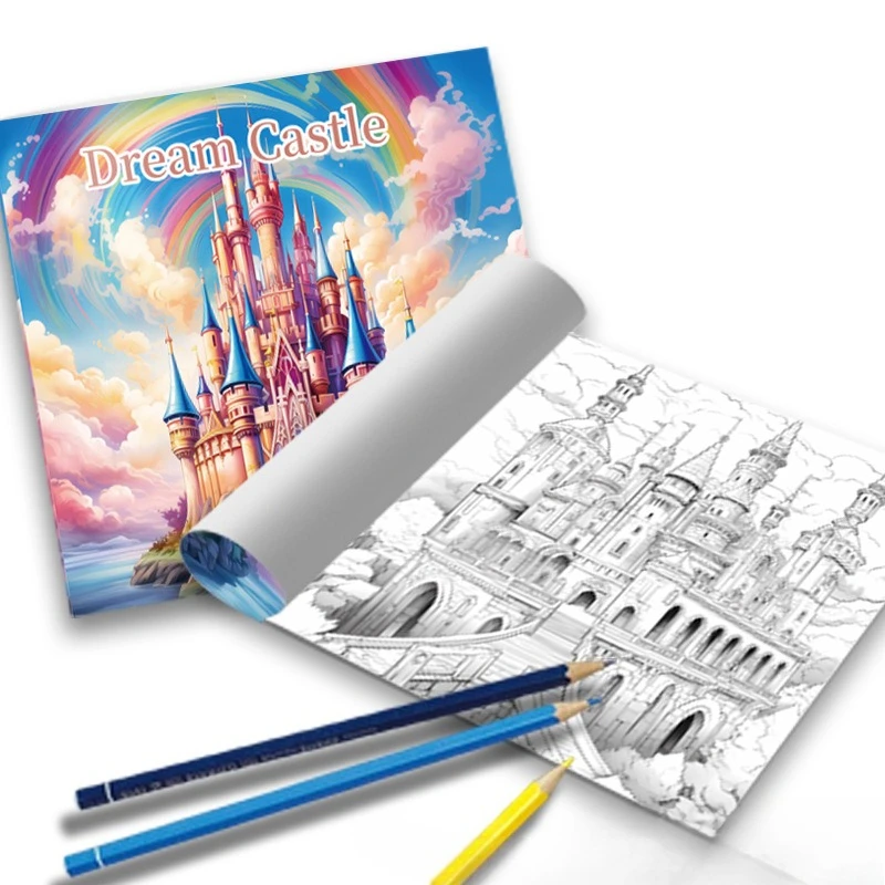 Dream Castle Coloring Book Fairy Tale Castle Rainbow Cloud Pink Sky Star Stress Relief Drawing Book