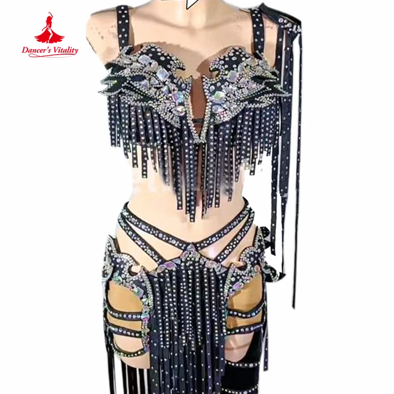 Belly Dance Performance Costume Suit Customzied AB Stones Bra+skkirt+arm 3pcs for Women Oriental Belly Dancing Competiton Set