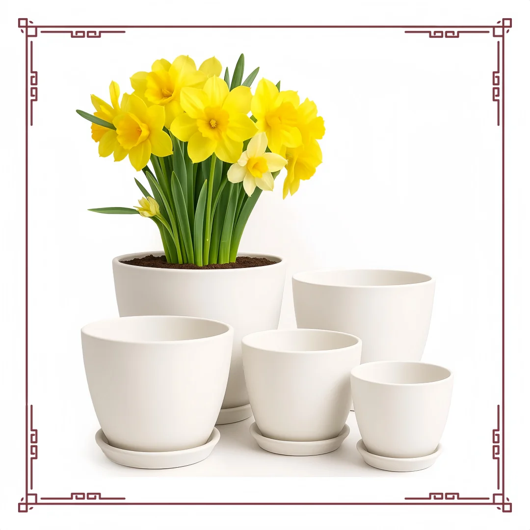 

5 White Decorative Flower Pots, Self Watering Planter with Drainage for Indoor Office Plants