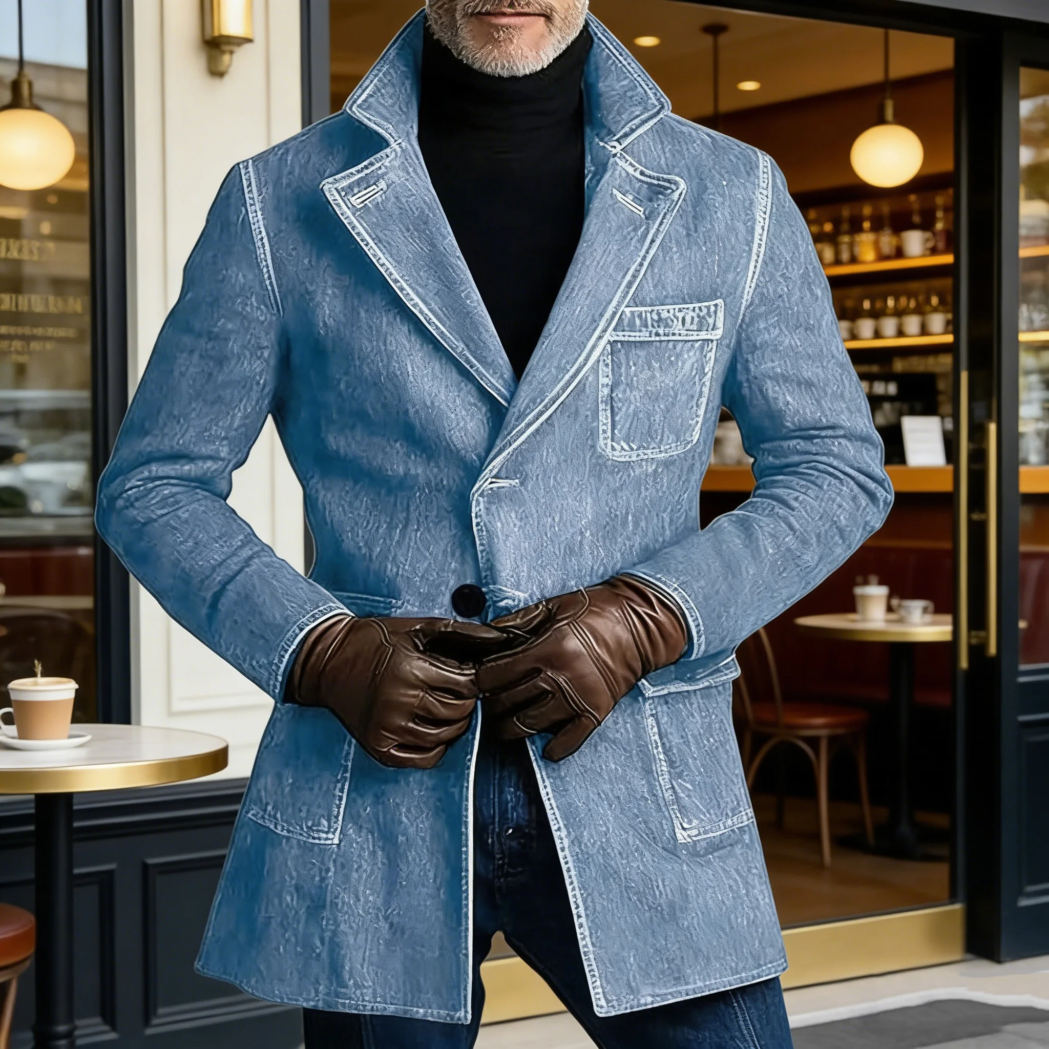 

1940s Men's Washed Denim Trench Coat Mid Length Vintage Slim Fit Notched Lapel Faded Jean Coat For Business Casual Daily Wear