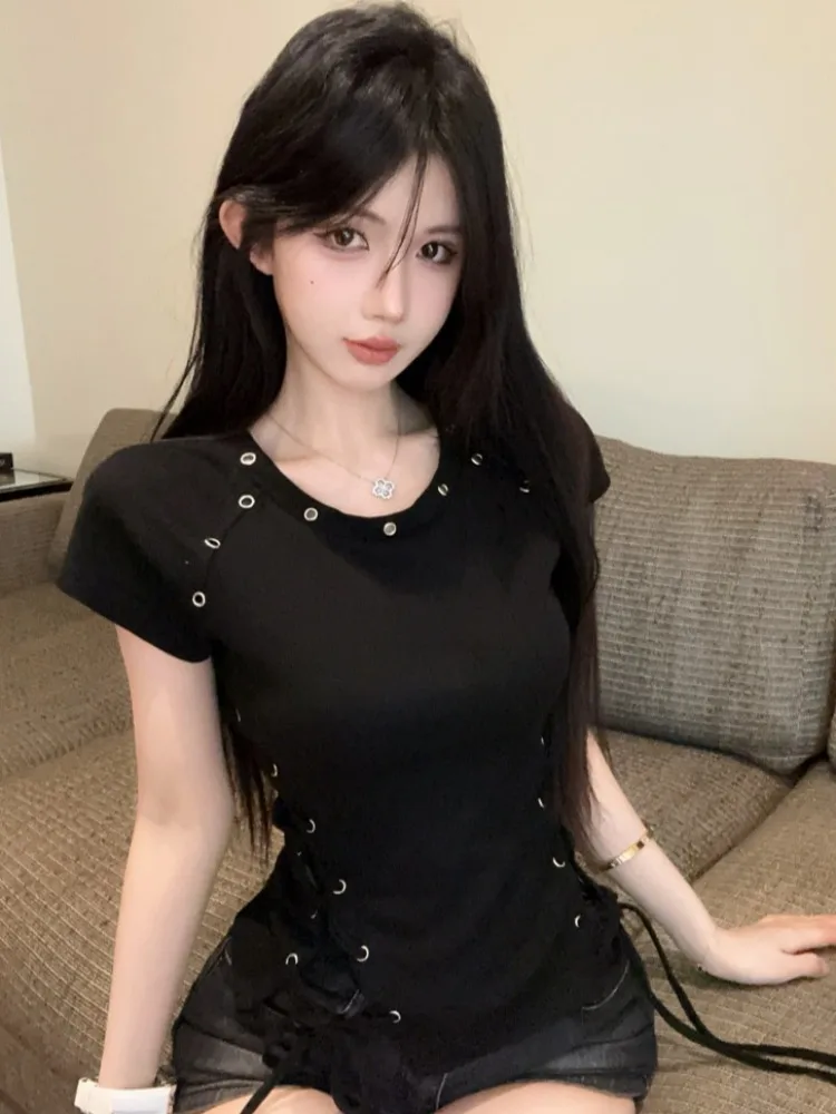 

Retro American Spicy Girl Unique Chicken Eye Shoulder T-Shirt Women Summer Sweet Cool Design Slim Fit Top Korean Style Commut...
