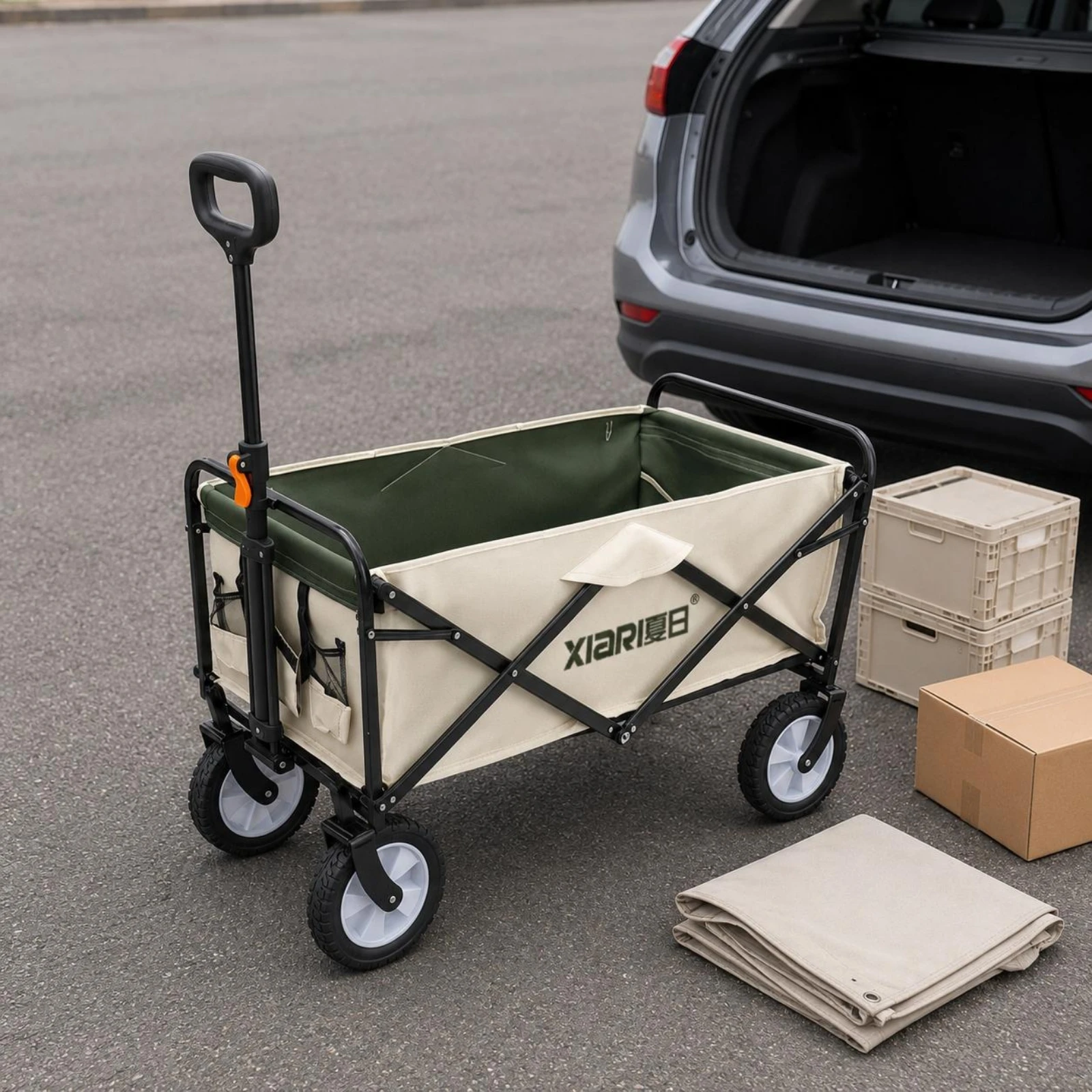 Folding Utility Wagon Telescoping Handle Collapsible Wagon Foldable Utility Vehicle Rubber Wheels Cloth Basket for Beach