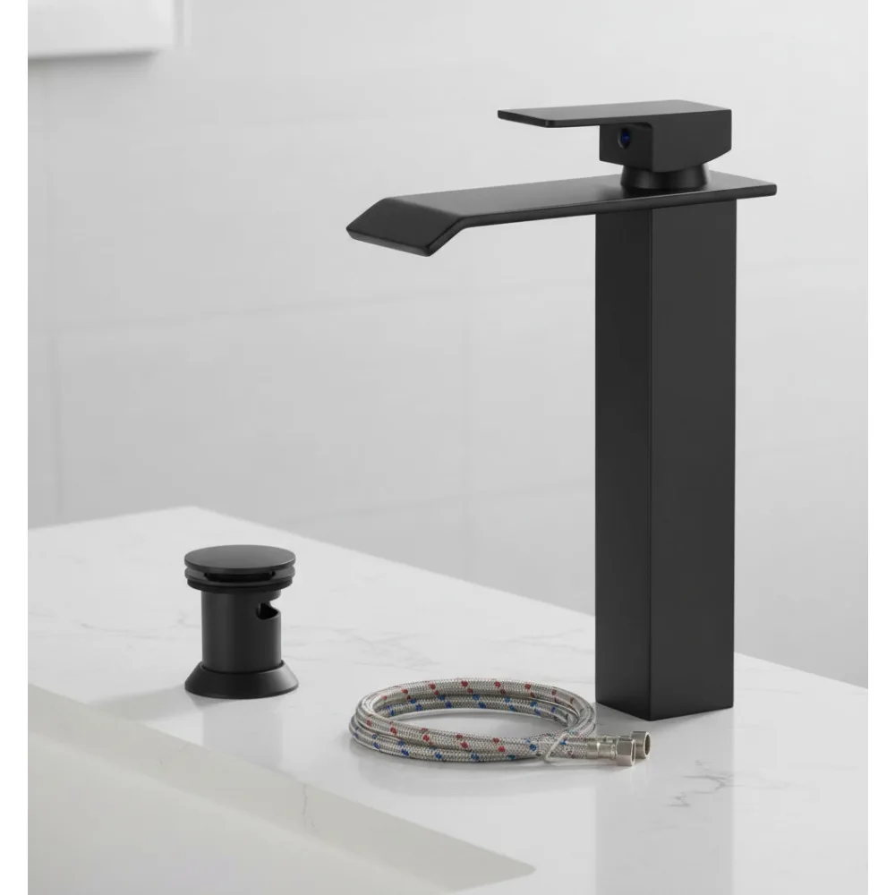 

Matte Black Waterfall Vessel Sink Faucet Single Handle Modern Bathroom Vanity with Drain