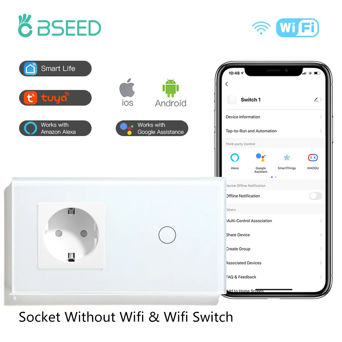 BSEED Wifi 1/2/3Gang Smart Touch Schakelaars 1/2/3Way Wandlampschakelaars Tuya Smart Leven app Controle Plus Sockets EU Standaard