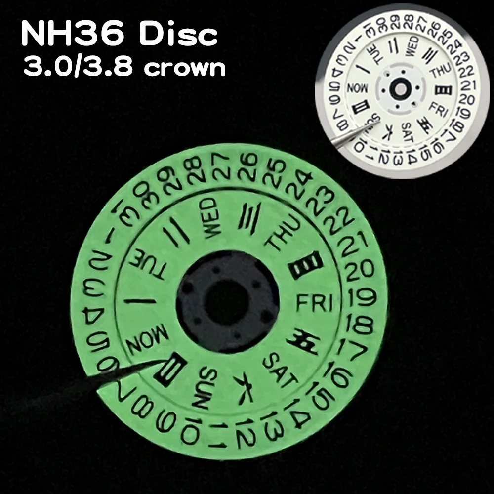 

3/3.8 White Movement Datewheel Dial Plate C3 Green Luminous Dis NH36A Watch Replacement Accessories