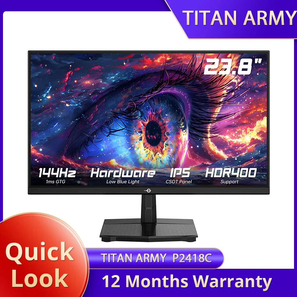 TITAN ARMY P2418C Moniteur de bureau plat 16:9 23,8 pouces IPS FHD 144 Hz, résolution maximale 1920 x 1080, design sans bordure sur 3 côtés, 16,7 millions de couleurs, 8 bits, luminosité 350 cd/m²,